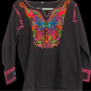 Mexican Hand Embroidered Peacock Peasant Blouse, M